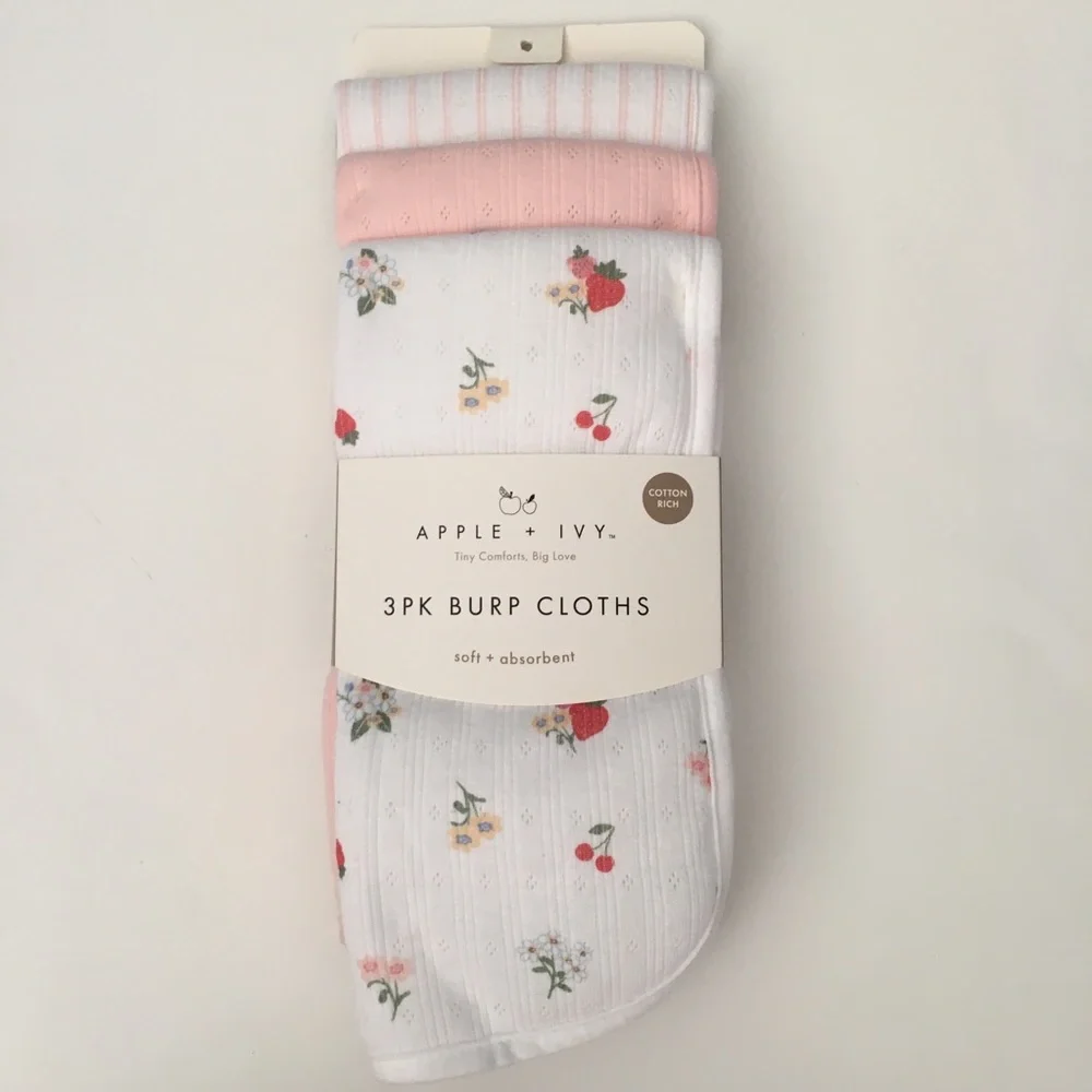 Baby Burp Cloths Cotton Front Pink Floral Strawberries Stripes NEW | Apple + Ivy